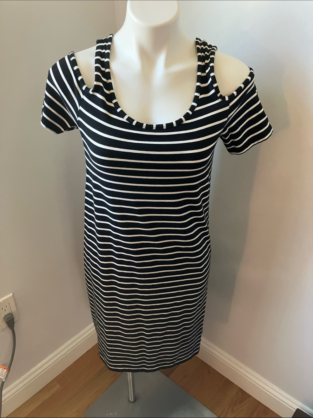 august silk Black & White Striped Cold-Shoulder Knit Dress